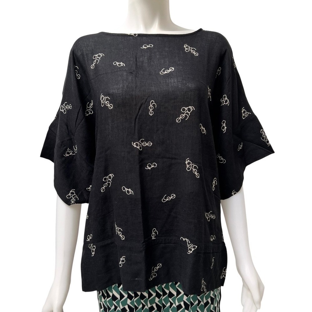 Vtg 80s Dianne B Made in Japan Retro Glasses Print Boxy Top Black M Office Siren - Picture 8 of 14
